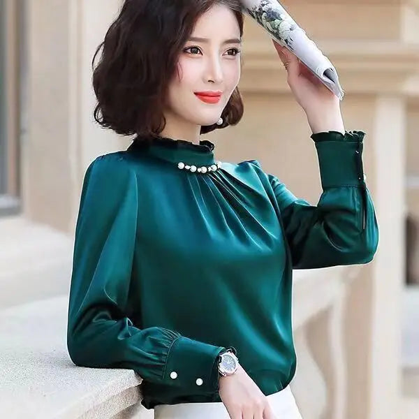 Women Spring Long Sleeve Office Lady Collar Blouses Tops Blouse Casual Shirt green 724GoShop