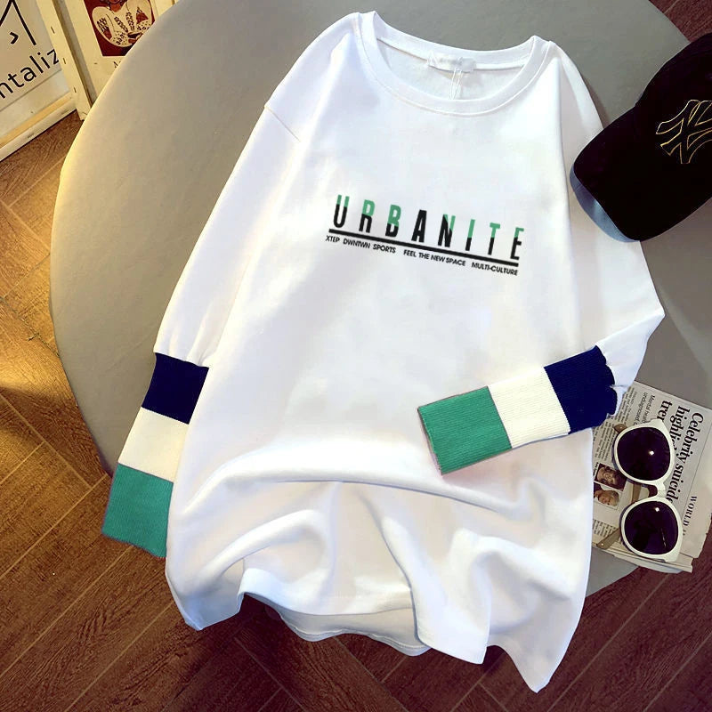 new women's blouse cartoon printing stitching sleeves white long-sleeved T-shirt ladies casual pullover C6335# 724GoShop