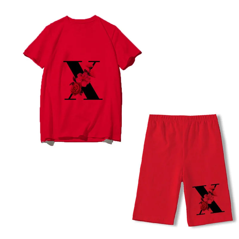 Short Sleeve Graphic Tee Black Letter Floral Tshirt Women T Shirt And Shorts 2 Pieces Set Outfits S X-RED 724GoShop