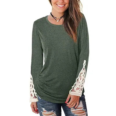 O Neck Lace Sleeves Pleated Women's T Shirt Top Tees Casual ladies Tshirt 2 724GoShop