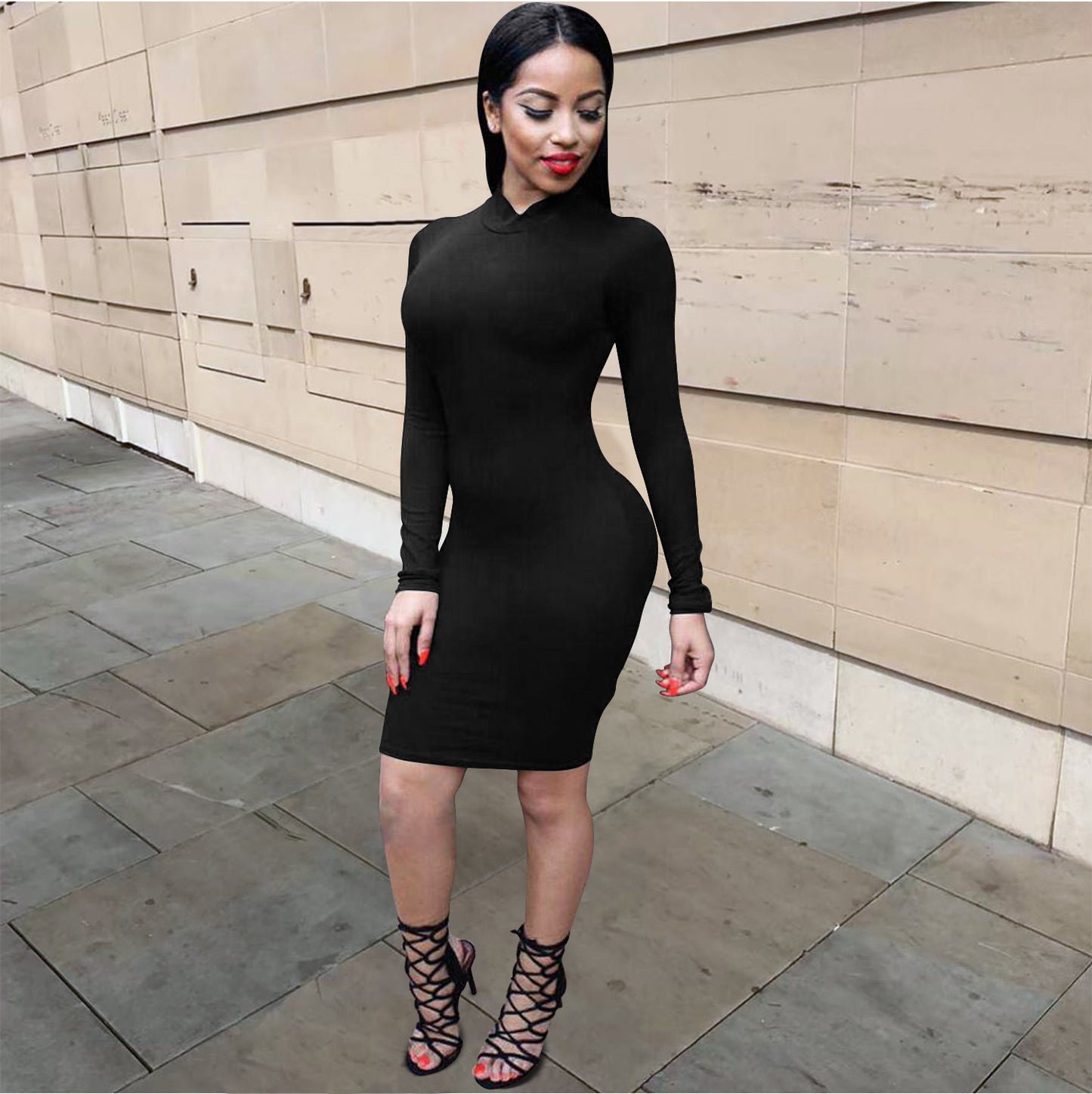 Women's Sexy Solid Color Round Neck Bodycon Long Sleeve Bandage Backless Party Club Dress 724GoShop