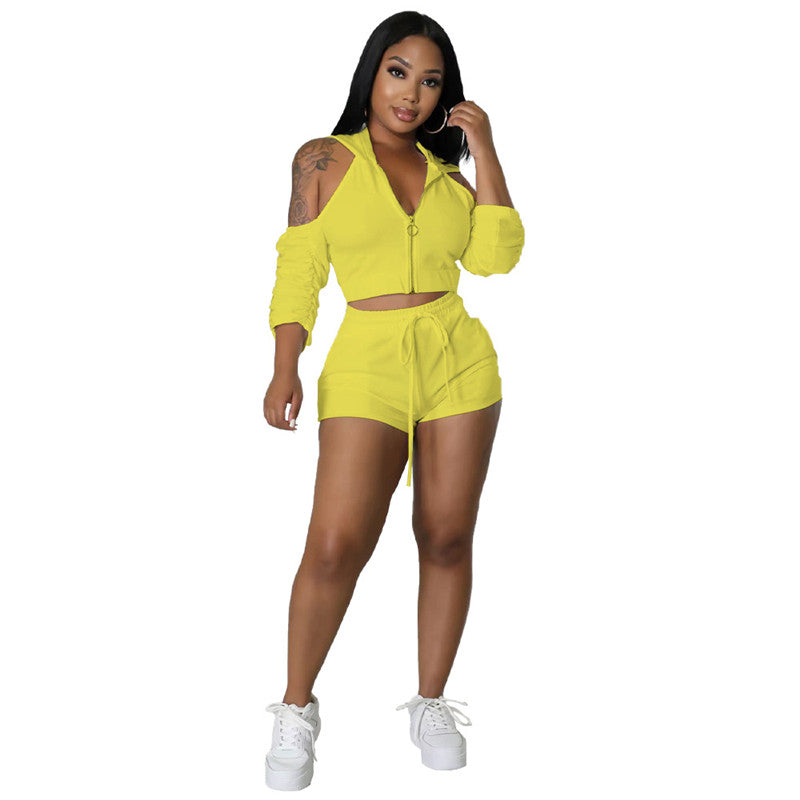 Tracksuit Two Piece Set Women Shorts Yellow 724GoShop