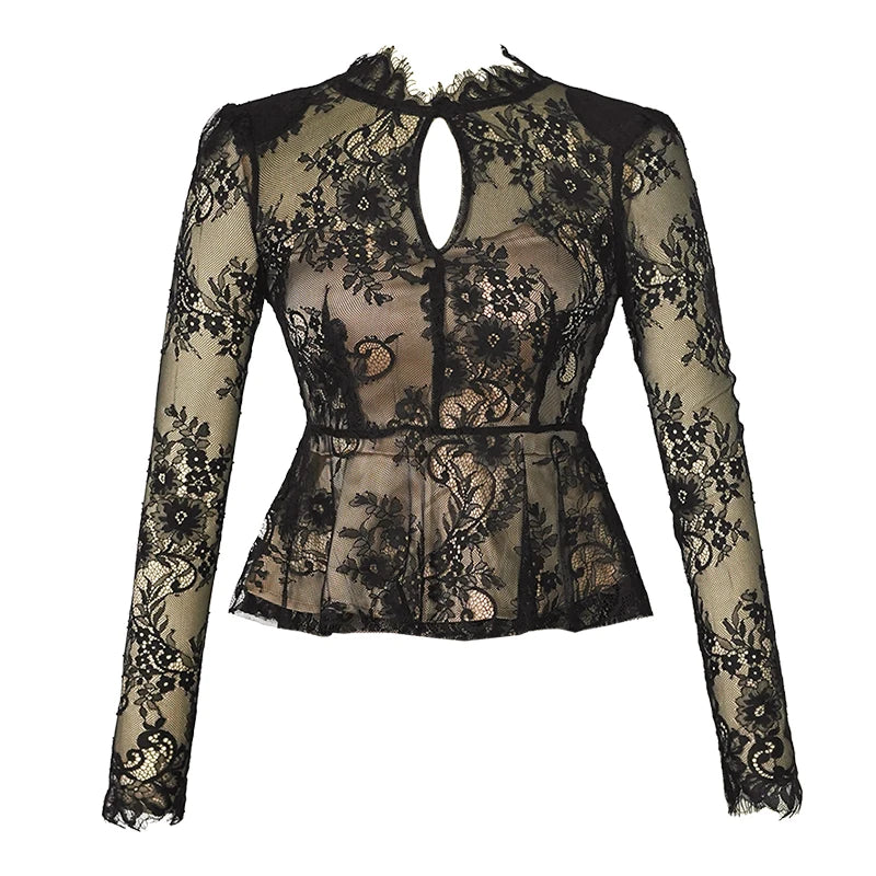 Stylish Hollow Out Slim Ruffle Top Black Sexy Thin Lace Blouse Shirt Black 724GoShop