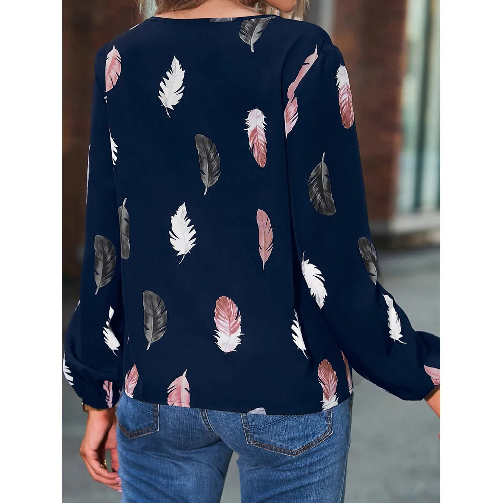 new ladies V neck feather print long sleeve loose fitting plus size women's shirt tops 724GoShop