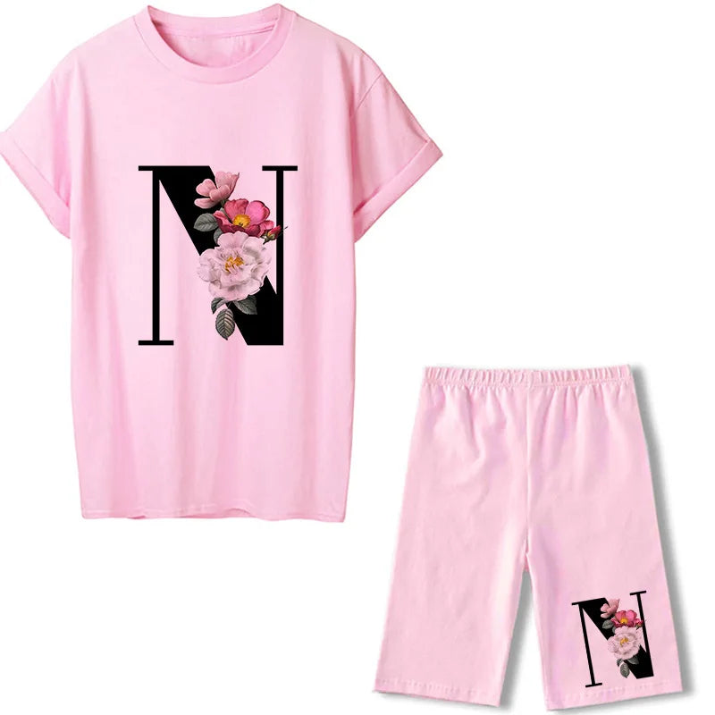 Short Sleeve Graphic Tee Black Letter Floral Tshirt Women T Shirt And Shorts 2 Pieces Set Outfits 724GoShop