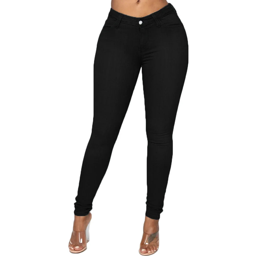 Women Elastic Jeans Denim Pants High Waist Solid Color Trousers Women Pencil Pants Skinny Jeans Black 724GoShop