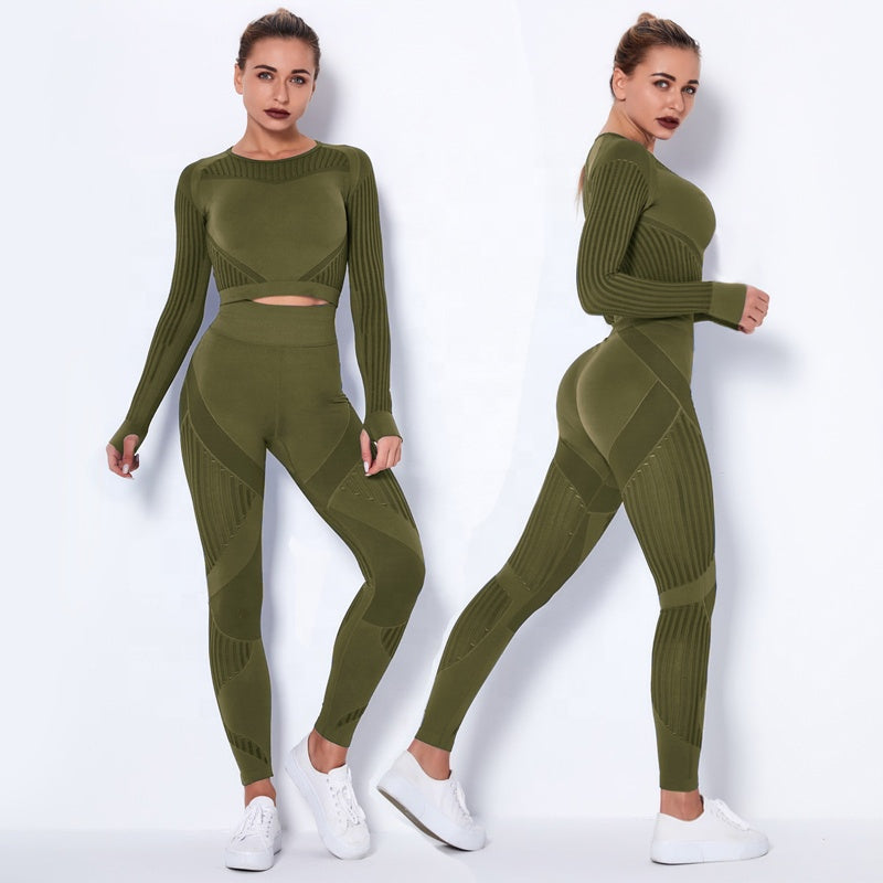 Women High waist Fitness Leggings Sport Set Tracksuit Workout Long Sleeve Seamless Yoga Clothes 724GoShop