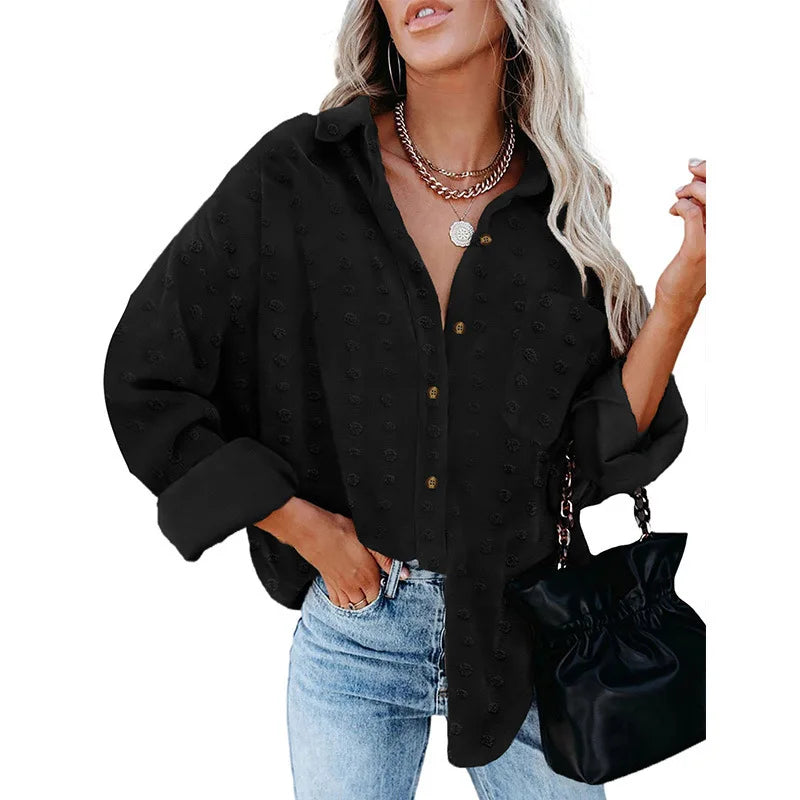 Solid color long sleeves casual plus size chiffon blouse cardigan tops women's blouses & shirts Black 724GoShop