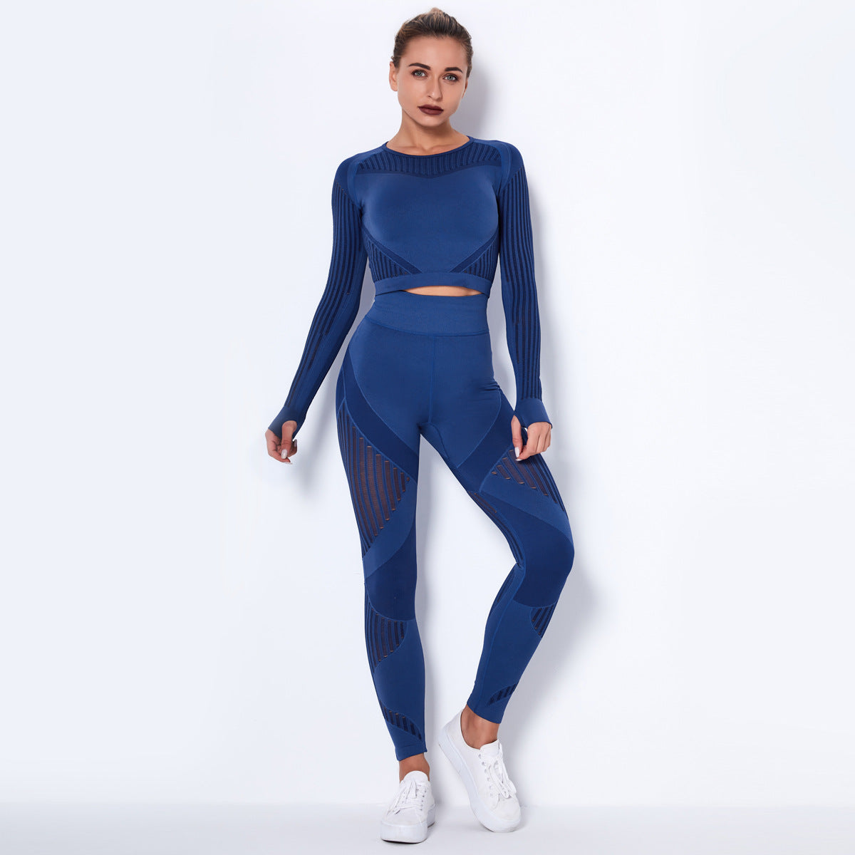 Women High waist Fitness Leggings Sport Set Tracksuit Workout Long Sleeve Seamless Yoga Clothes Dark blue 724GoShop