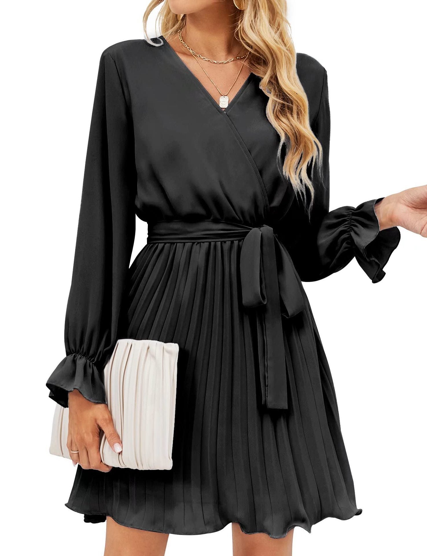 Women's Fashion Dress Long Sleeve Elegant Dress Casual V-neck Pleated Mini Dress with Belt Black 724GoShop