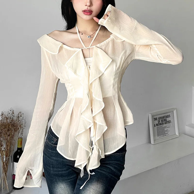 Women T-shirts Sexy Deep V Neck See-Through Long Sleeve Crop Tops 2 Beige 724GoShop