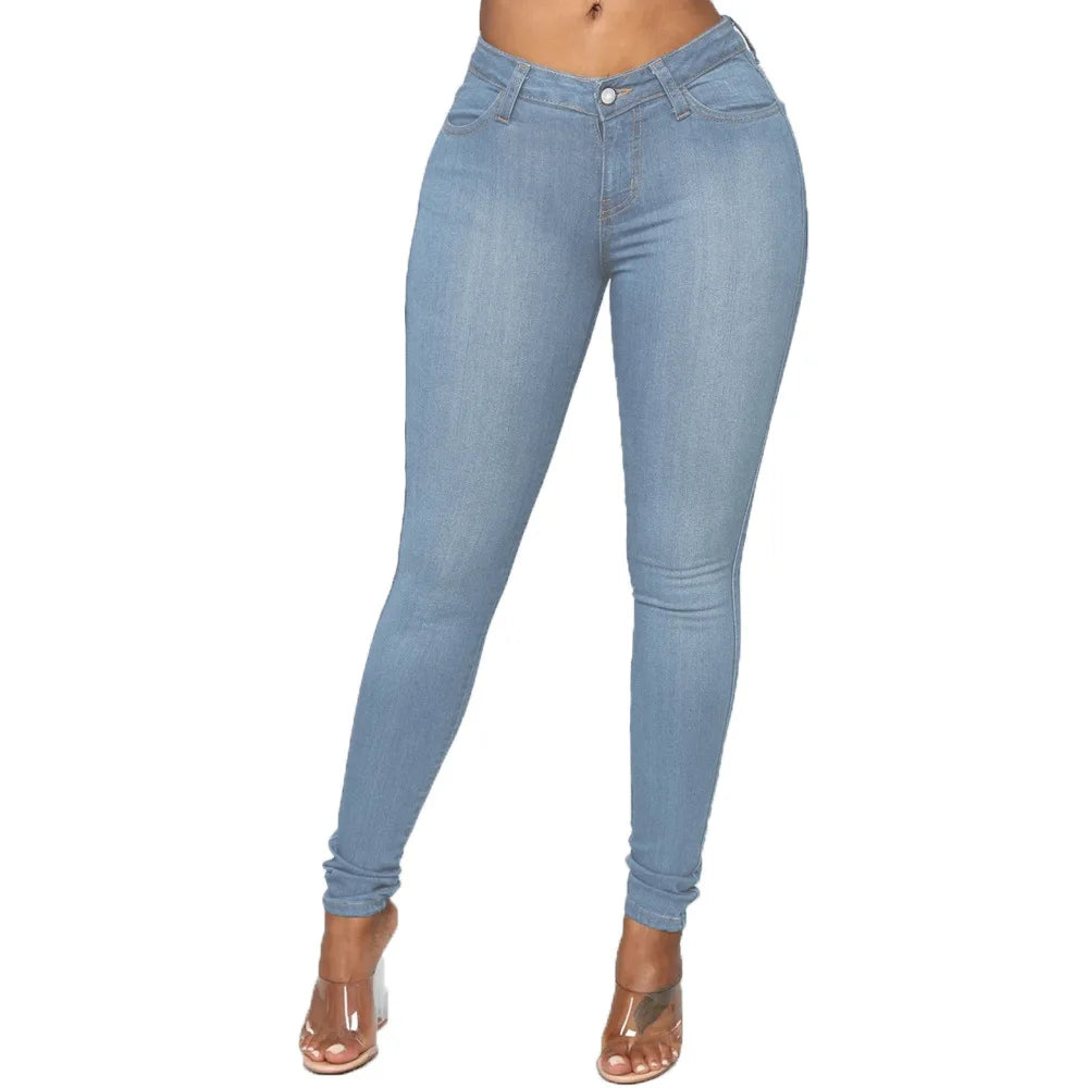 Women Elastic Jeans Denim Pants High Waist Solid Color Trousers Women Pencil Pants Skinny Jeans Light Blue 724GoShop