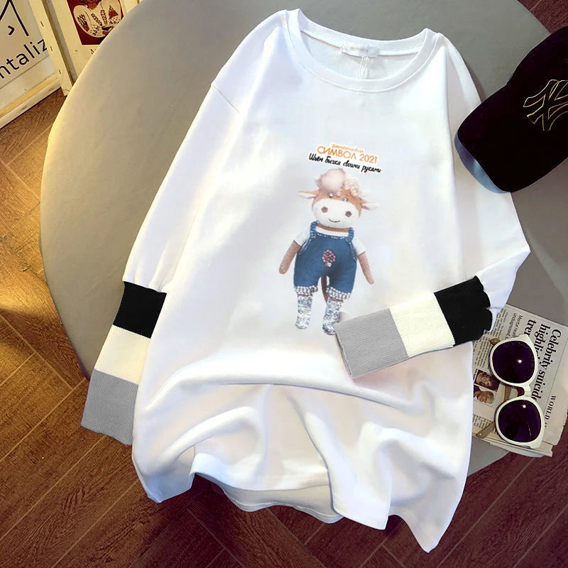 new women's blouse cartoon printing stitching sleeves white long-sleeved T-shirt ladies casual pullover 8325# 724GoShop