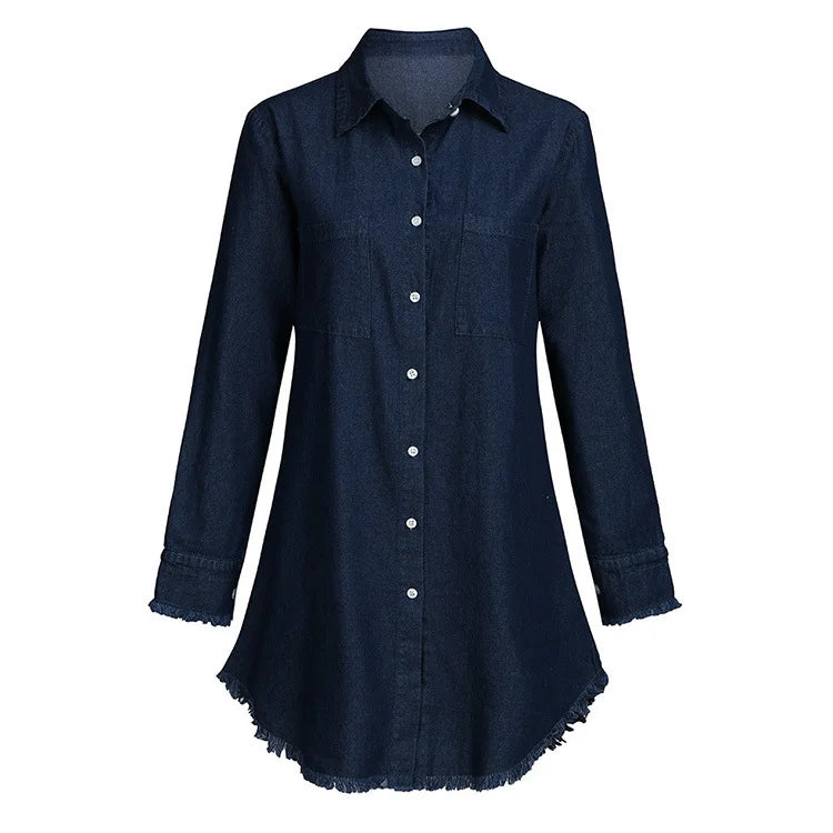 long-sleeve button long solid color blouse shirt Dark blue 724GoShop