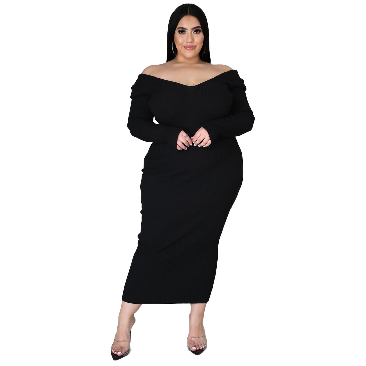 ZHEZHE Winter autumn fashion long sleeve knitted dress plus size 5XL women sweater dresses casual 724GoShop