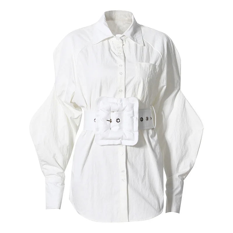 Women Long Sleeve Cotton Blouse Shirt Clothes Woman Tops Fashionable Shirts With Belt White 724GoShop