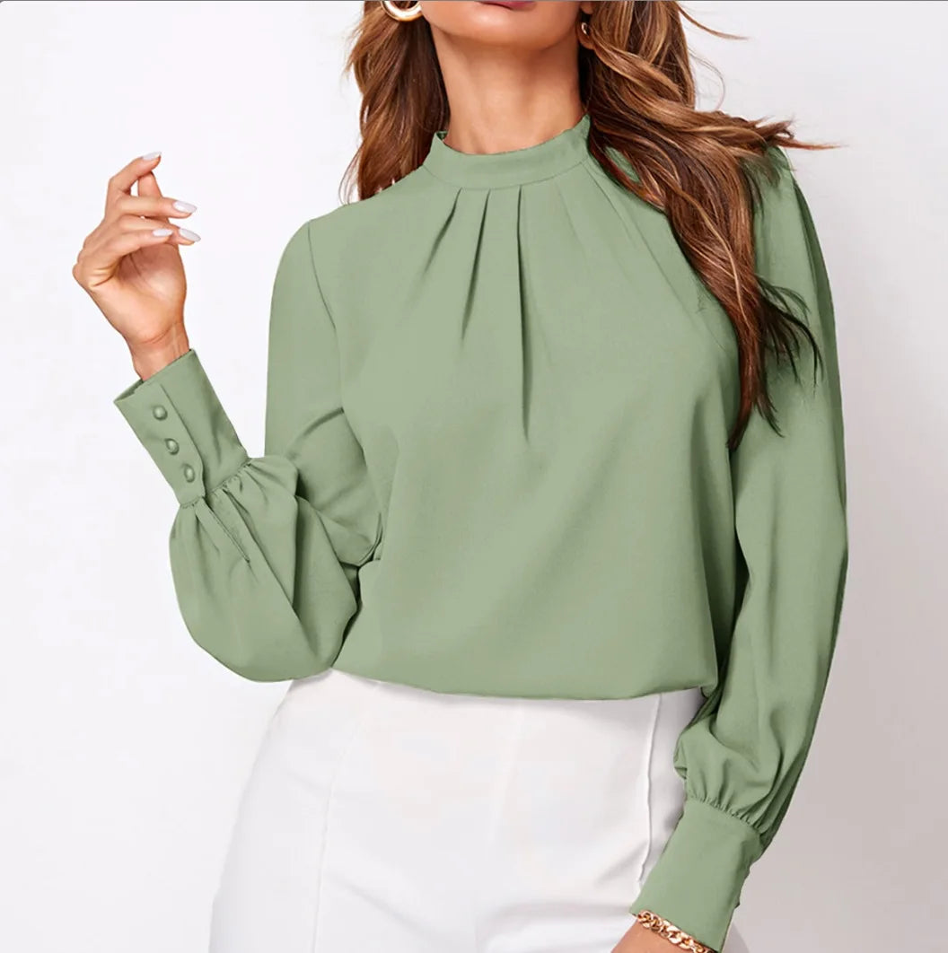 Women Long Sleeve Blouses Lady Loose Casual Chiffon Shirt Tops Blouse Light Green 724GoShop