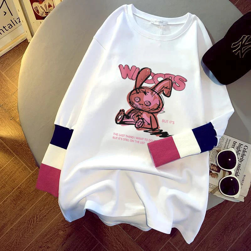 new women's blouse cartoon printing stitching sleeves white long-sleeved T-shirt ladies casual pullover C7324# 724GoShop