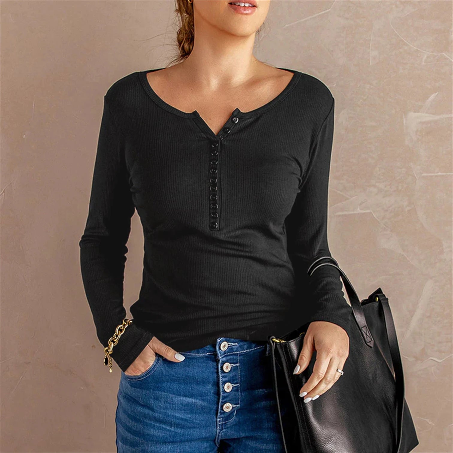 Trendy Button Blouse Ribbed Clothes V Neck Women T Shirts Basic Top 724GoShop