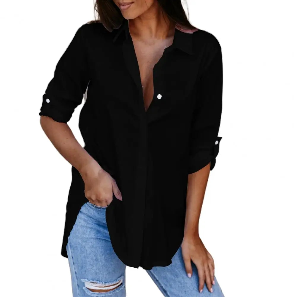 Shirt Women Fashion Solid Color V Neck Long Sleeve Blouse Party Tops Women 2021 2XL Office Wear Black 724GoShop