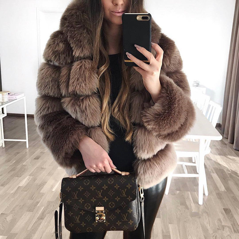 Women winter clothes fashion casual thickened warm fur coat long-sleeve hooded women coats Brown 724GoShop