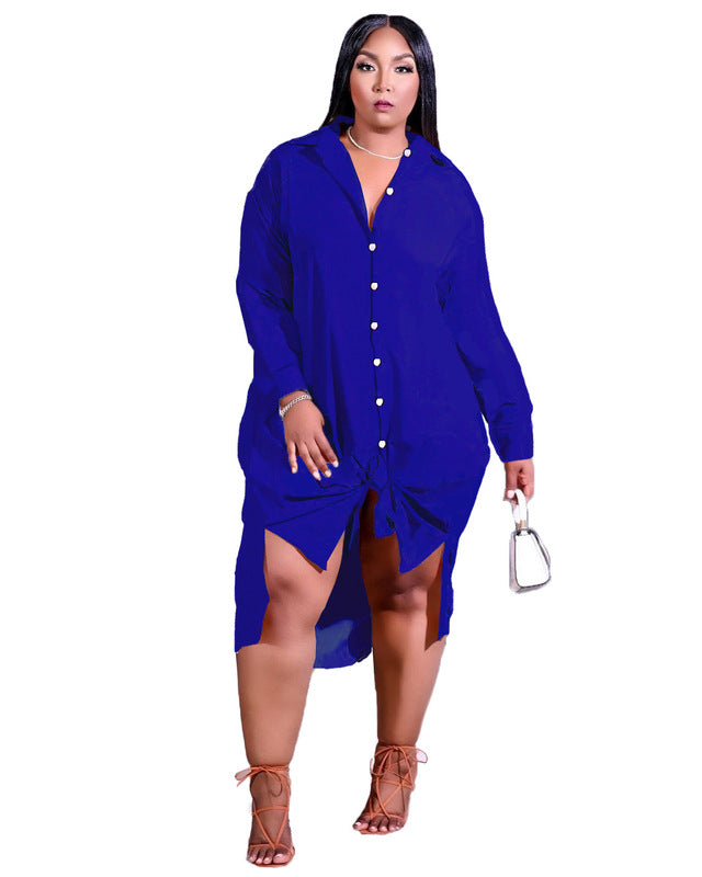 Dressing Plus Size Women: Stylish Solid Color Irregular Lapel Shirts Blue 724GoShop