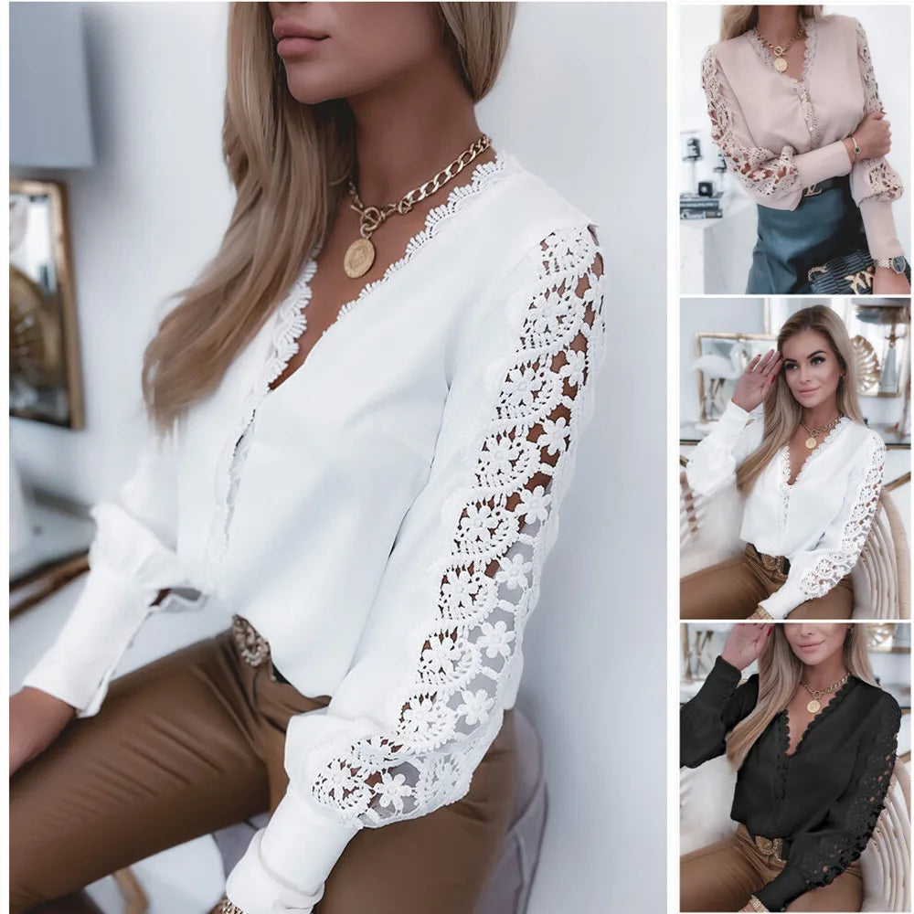 Long Sleeve V-neck Lace Stitching Shirts Office Lady Elegant Solid Color Temperament Blouse 724GoShop