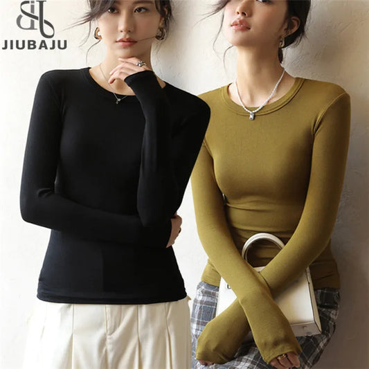 Long Sleeve Top Tshirts For Women Slim O Neck Clothes Basic Soild Tee Shirt 724GoShop