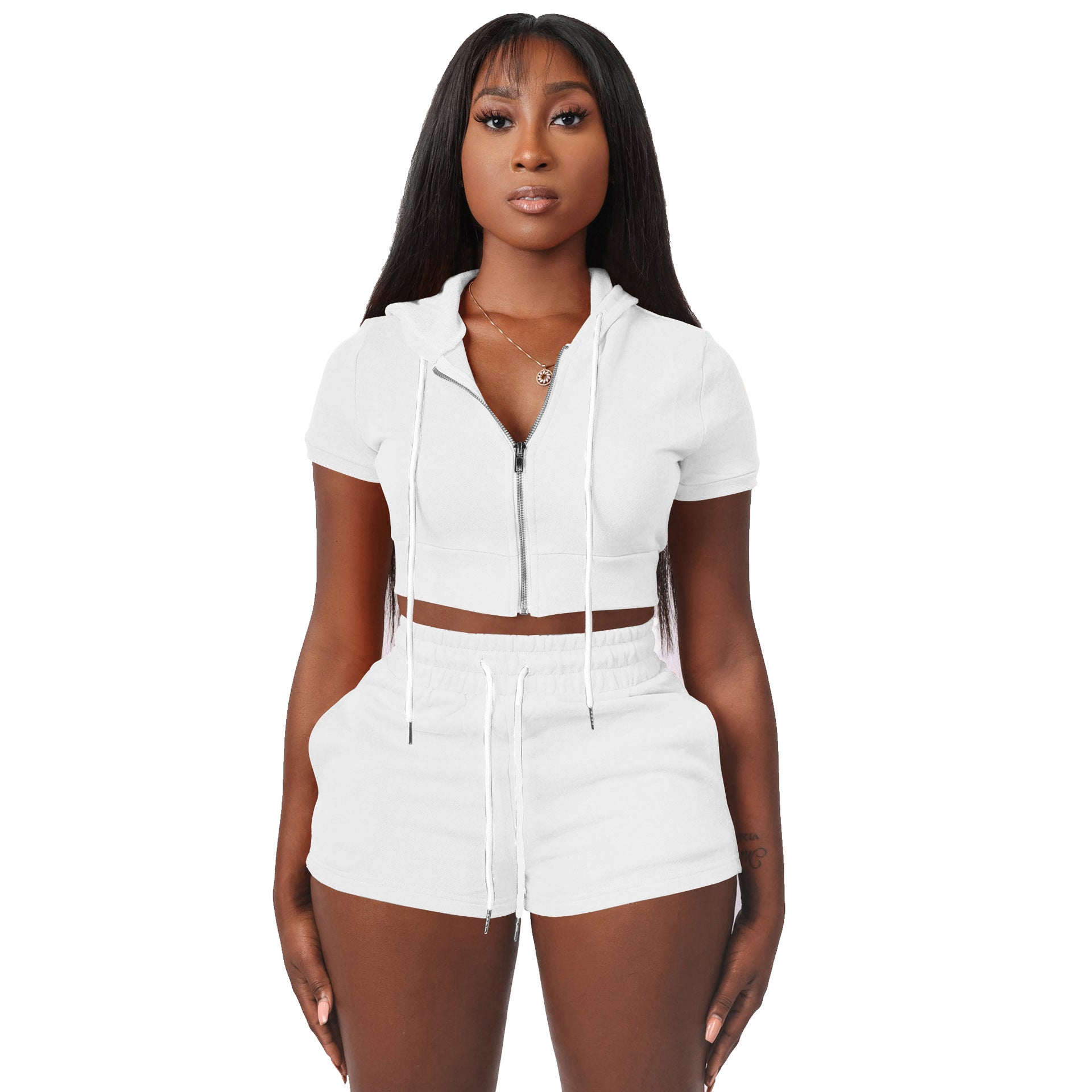 Short Set Women's Two Piece Sports Crop Top Hoodie Jogger Set White 724GoShop