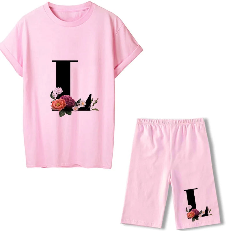 Short Sleeve Graphic Tee Black Letter Floral Tshirt Women T Shirt And Shorts 2 Pieces Set Outfits L 724GoShop