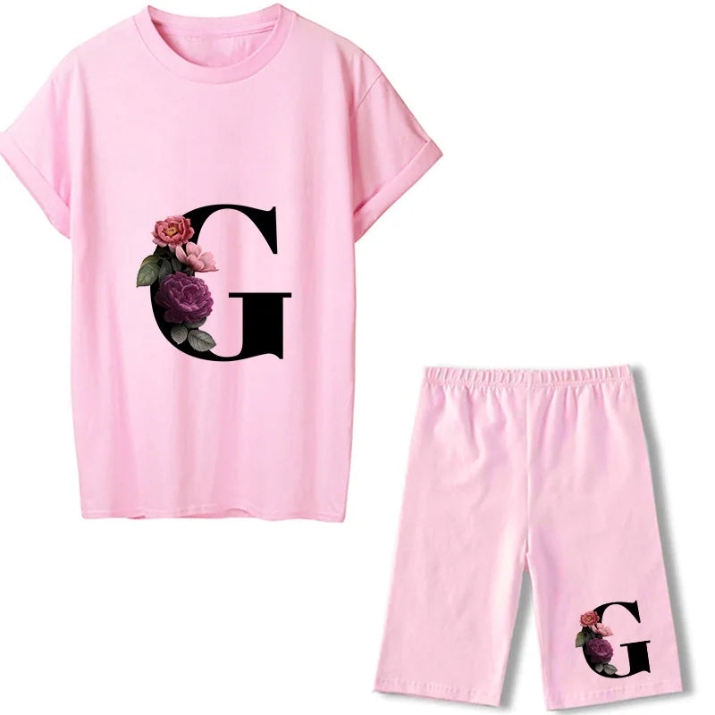 Short Sleeve Graphic Tee Black Letter Floral Tshirt Women T Shirt And Shorts 2 Pieces Set Outfits G 724GoShop