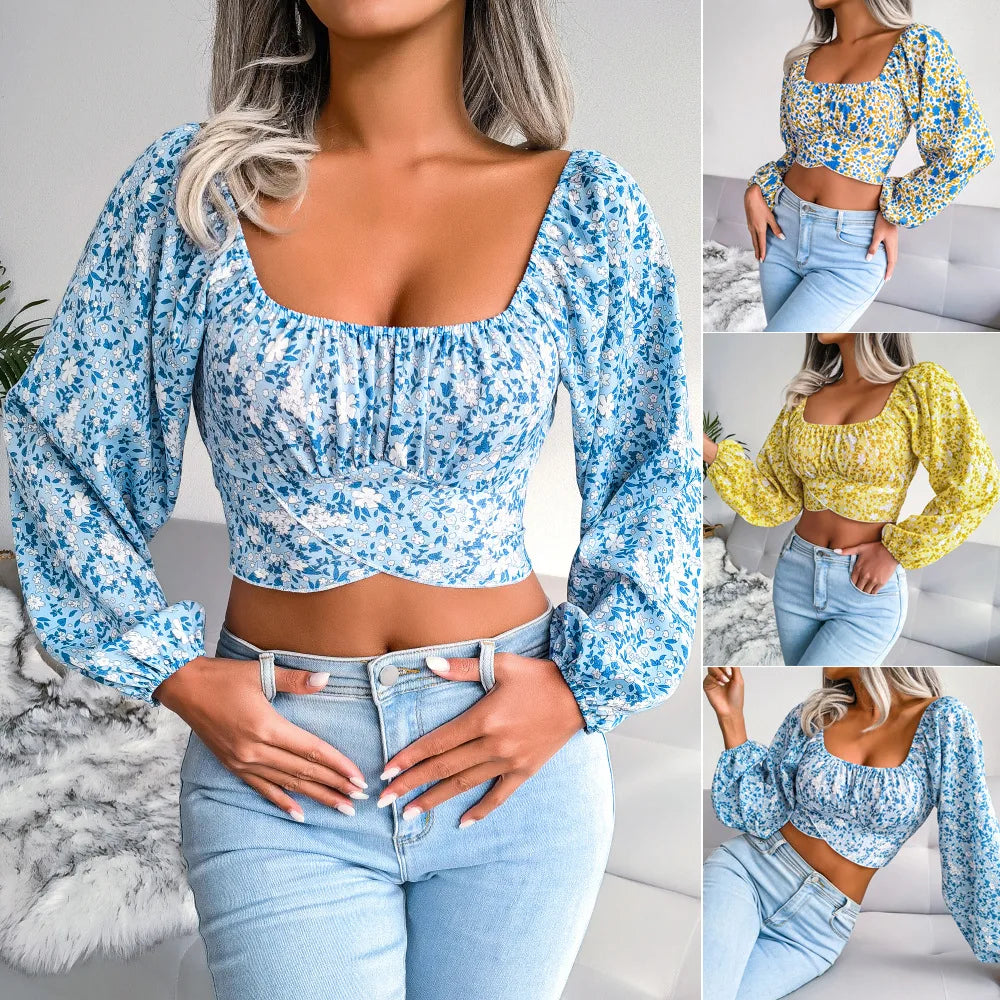 Tops Long Sleeve Floral Retro T-shirt Clothes Unique Design Square Neck Casual Shirt 724GoShop