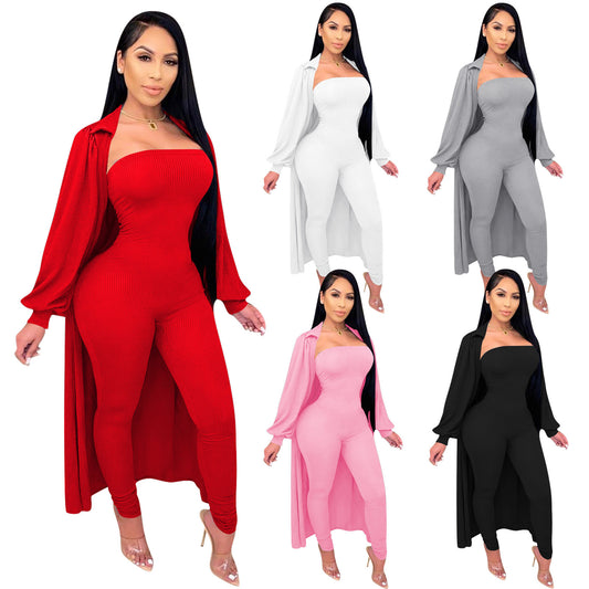 Solid Color Jumpsuit Suit High Elastic Cotton Pit Strip 2-Piece Set 724GoShop