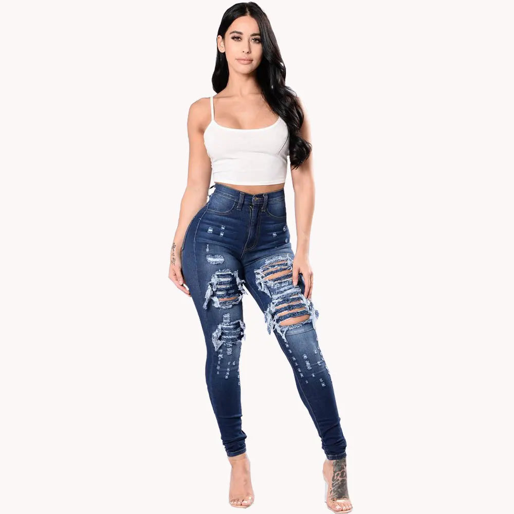 Women Plus Size Ripped Stretch Jeans Distressed High Waisted Jean Pants Skinny Denim Jeans Pant Dark blue 724GoShop