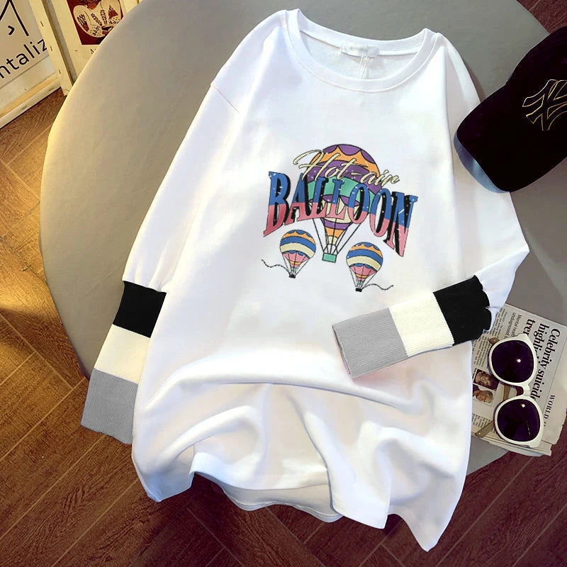 new women's blouse cartoon printing stitching sleeves white long-sleeved T-shirt ladies casual pullover 8324# 724GoShop