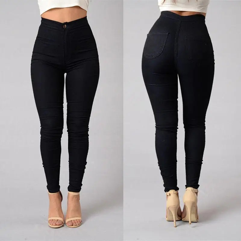 Women Stretch jeans solid color thin slim pencil pants high waist Candy color jeans Black 724GoShop