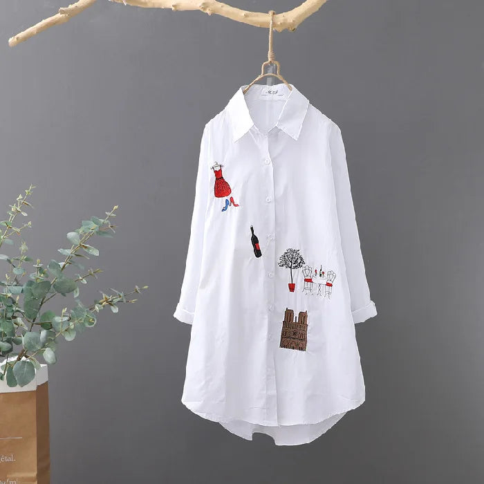 New Embroidered Shirt Women Loose Long Sleeve Shirt Bottoming Blouse 724GoShop