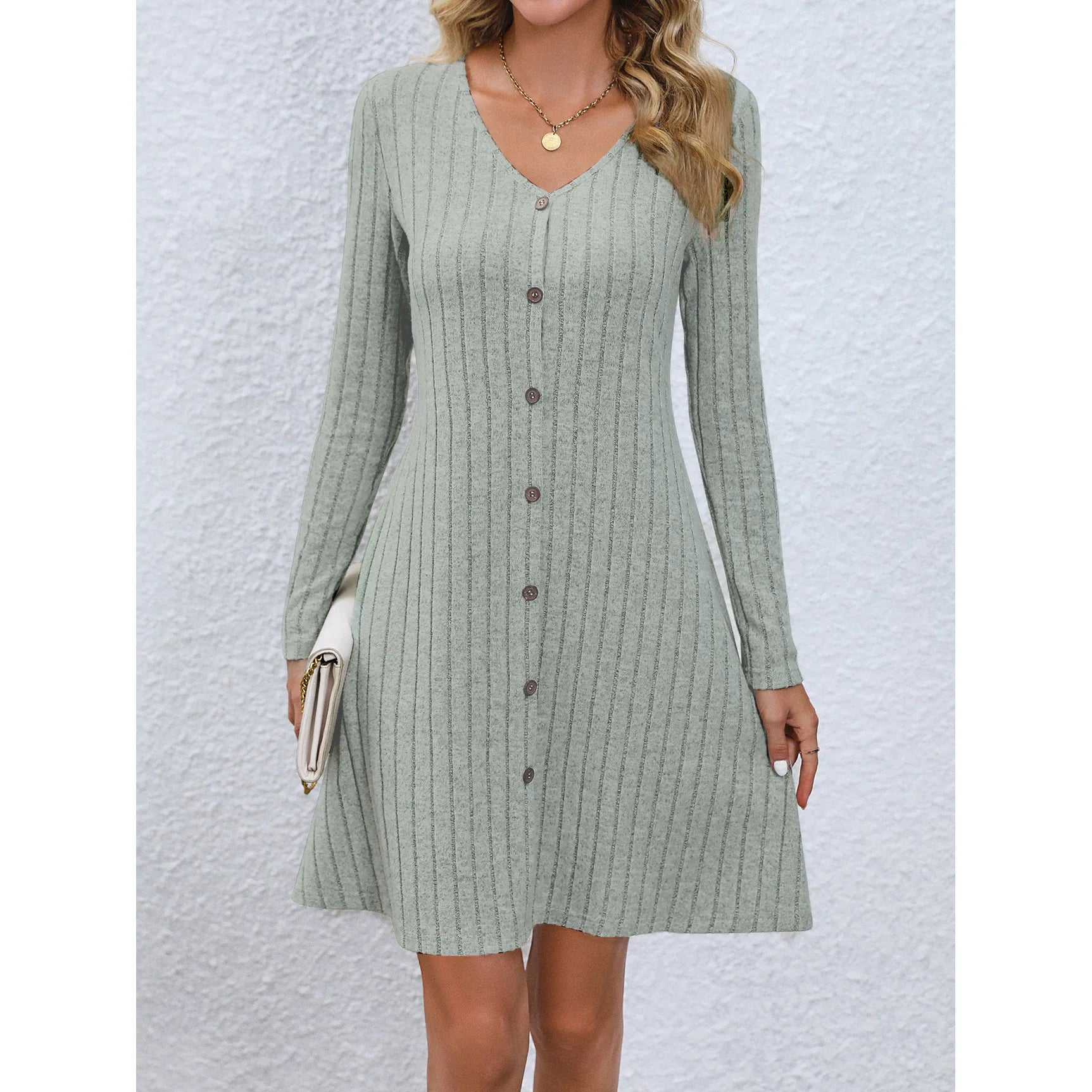 Women's Long Sleeve Solid Color Dress Botton Loose High Waist A-line V-Neck Women's Clothes Casual Dress green 724GoShop