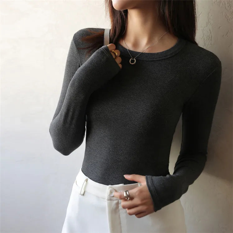 Long Sleeve Top Tshirts For Women Slim O Neck Clothes Basic Soild Tee Shirt Gray 724GoShop