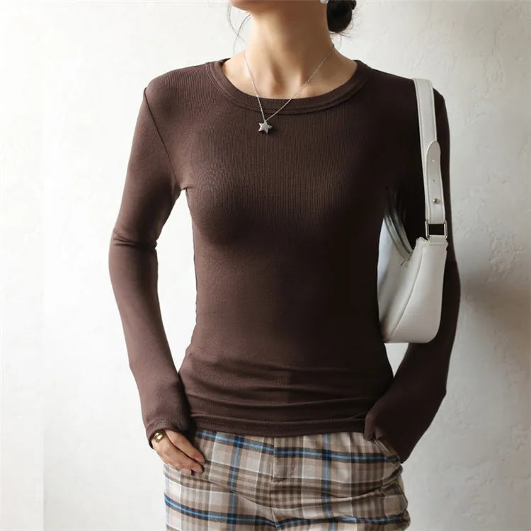 Long Sleeve Top Tshirts For Women Slim O Neck Clothes Basic Soild Tee Shirt Coffee 724GoShop