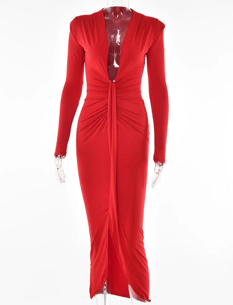 Liu Ming 2023 Fashion Women Clothes Sexy V Neck Long Sleeve Pleated Maxi Bodycon Dress Red 724GoShop