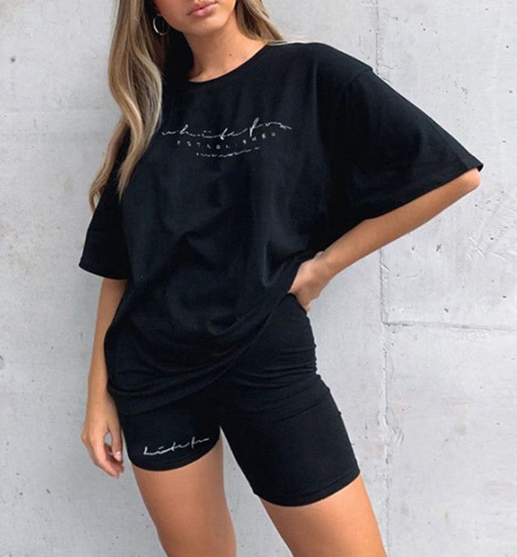 women's clothing sets T-Shirt: short women jogger Sports two piece set Black 724GoShop