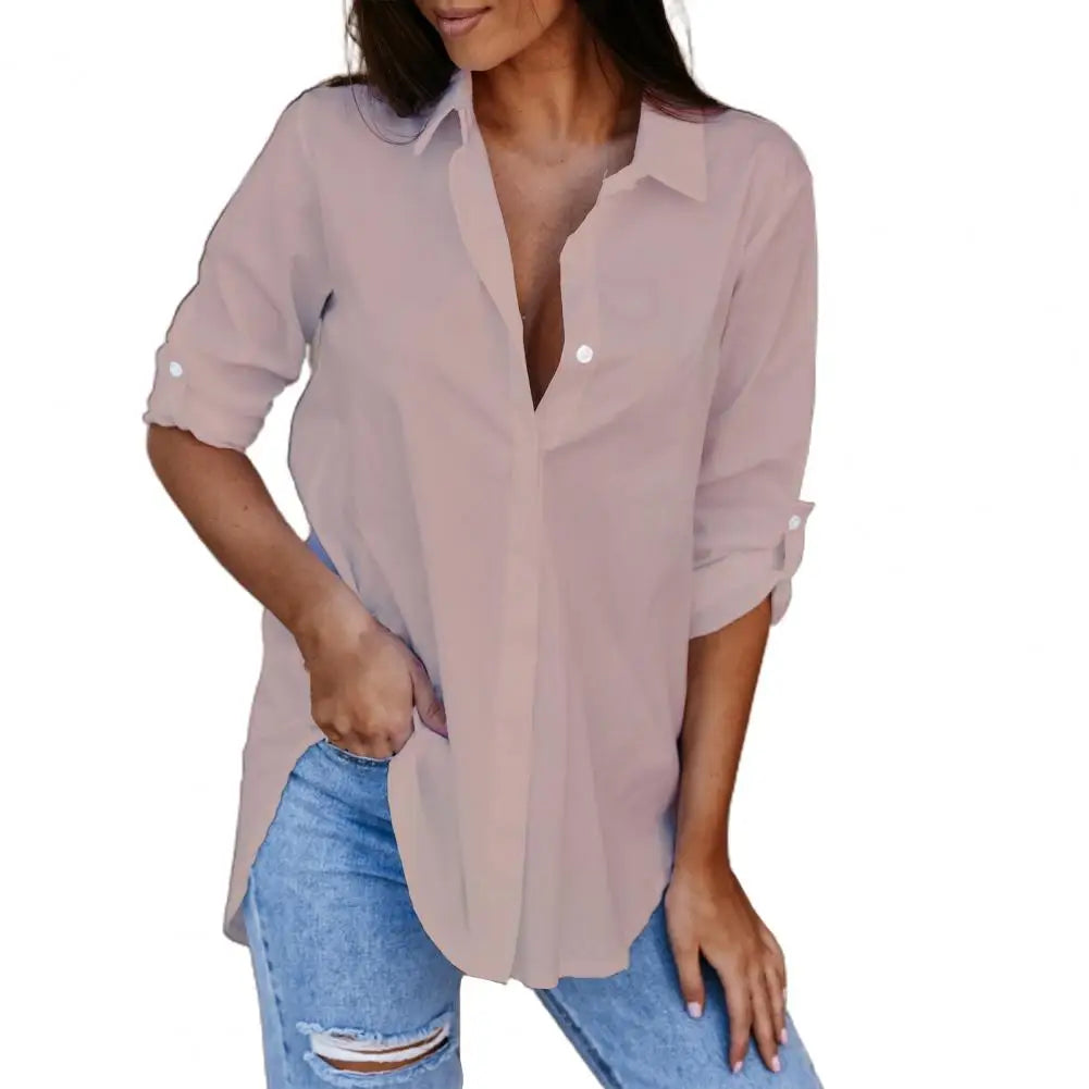 Shirt Women Fashion Solid Color V Neck Long Sleeve Blouse Party Tops Women 2021 2XL Office Wear 724GoShop