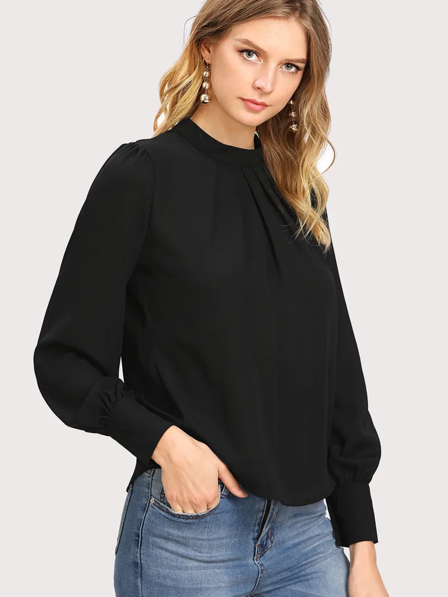 Women Long Sleeve Blouses Lady Loose Casual Chiffon Shirt Tops Blouse Black 724GoShop