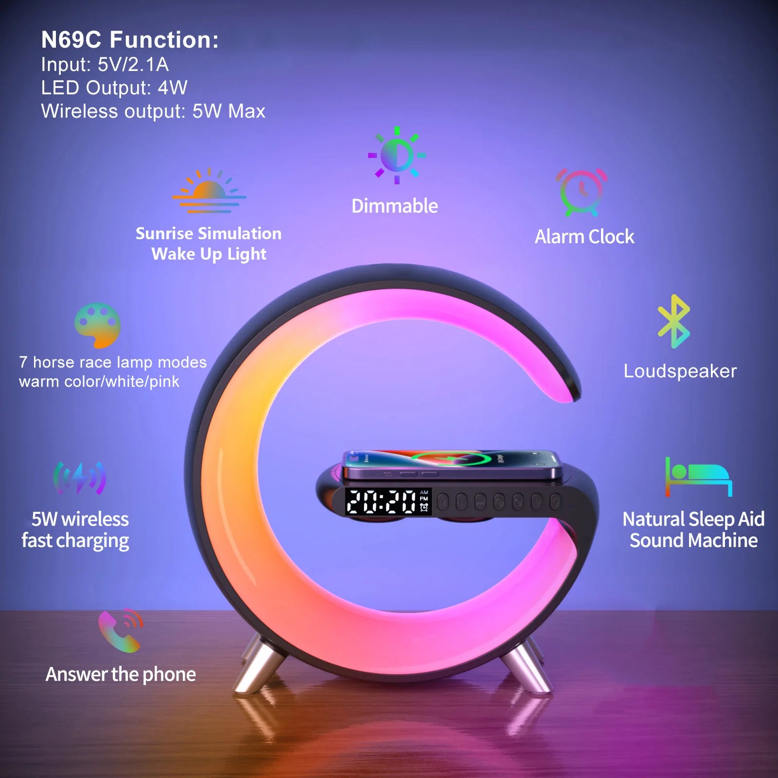 Trending products 2023 new arrivals Alarm Clock Night Light LED RGB Speaker Wireless charger 5 in 1 For iphone 14 13 12 Bedroom 724GoShop