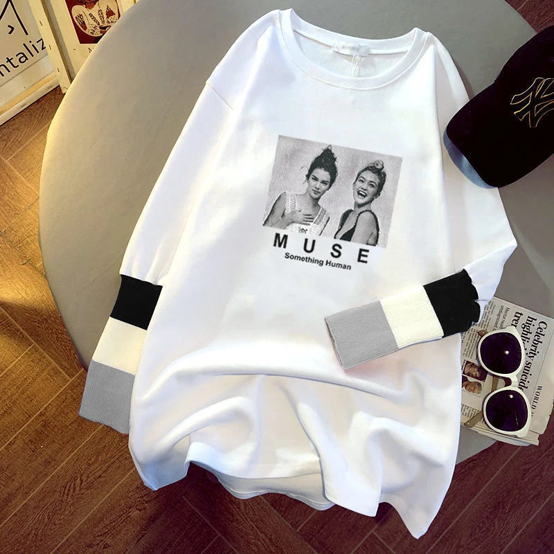 new women's blouse cartoon printing stitching sleeves white long-sleeved T-shirt ladies casual pullover 8327# 724GoShop