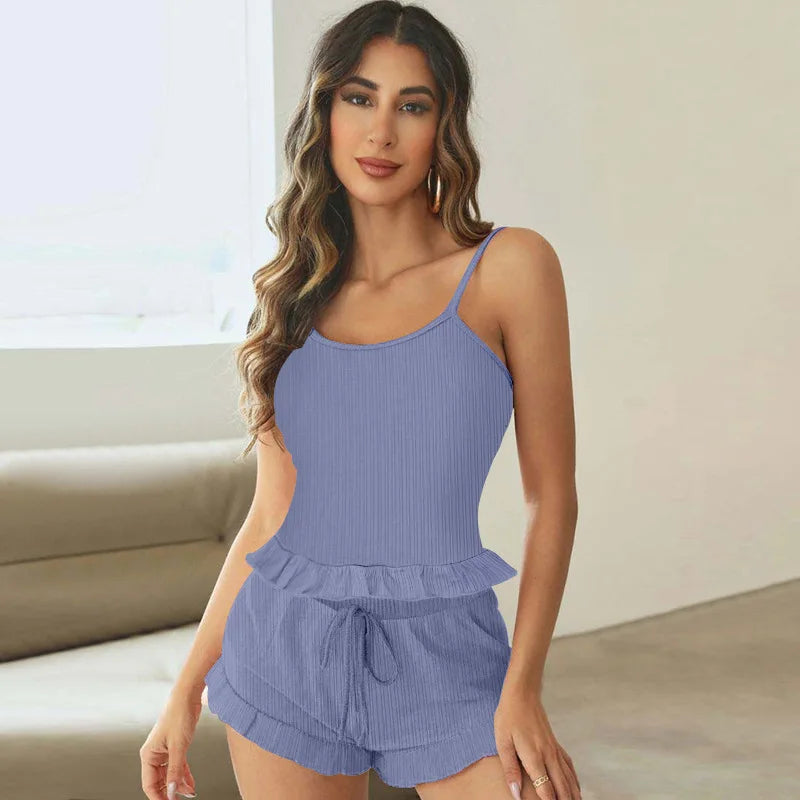 Casual Woman Sleepwear Rib Cami Shorts Sexy Pajamas Set for Women F7 724GoShop