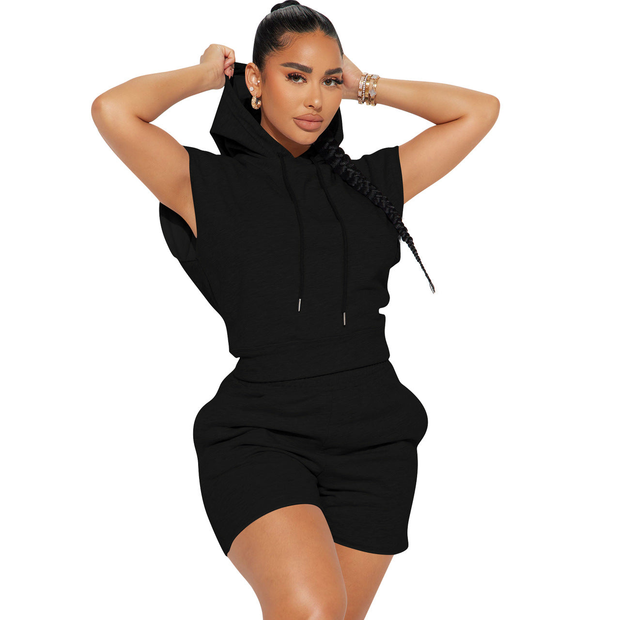 Women Hoodie And Shorts Two Piece women Black 724GoShop