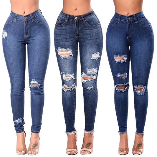 Stretchy Skinny Jeans High Quality Fashion Frayed Hem Women's Ripped Mid Rise Denim 724GoShop