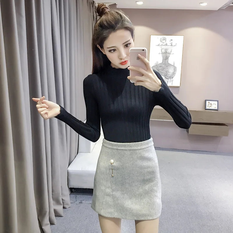 High Neck Office Lady Base Shirt Long Sleeve Thin Knitted Sweater Plus Size Black 724GoShop